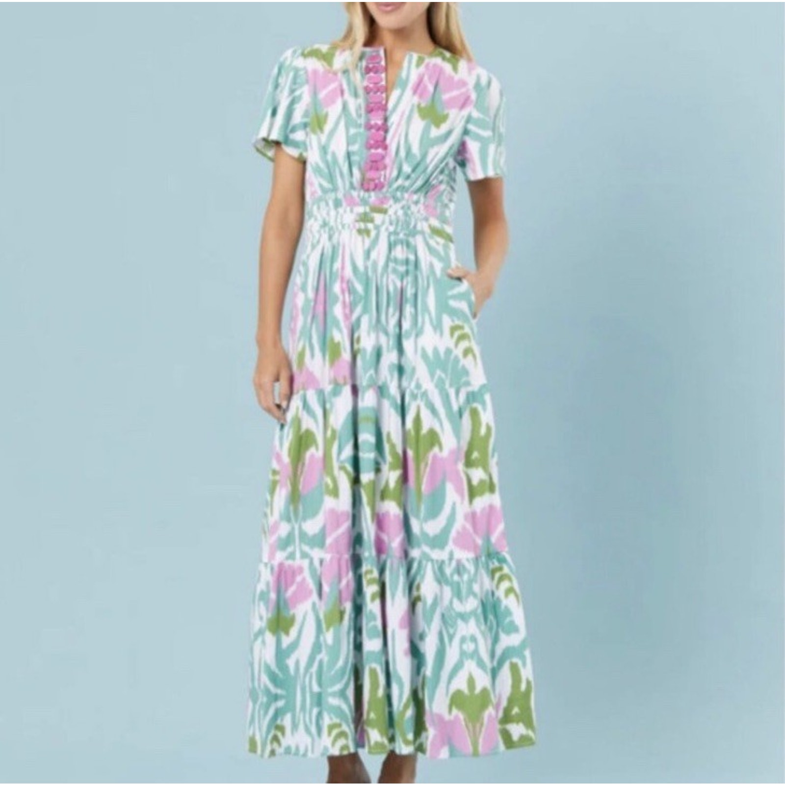 Sheridan French Womenâs Eloise Maxi Dress Tulip Okay Print Teal Pink Size Small